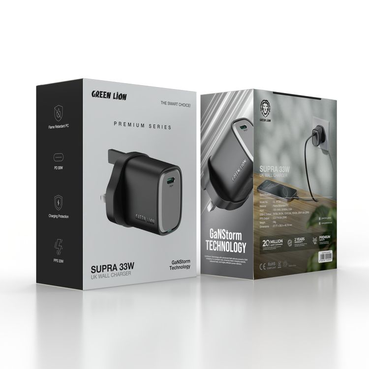 Green Lion Supra 33W GaN USB-C Wall Charger with UK 3-Pin Plug, PPS 33W, Charging Protection, Flame-Retardant PC Material, PD 30W Fast Charging - Black / Gray