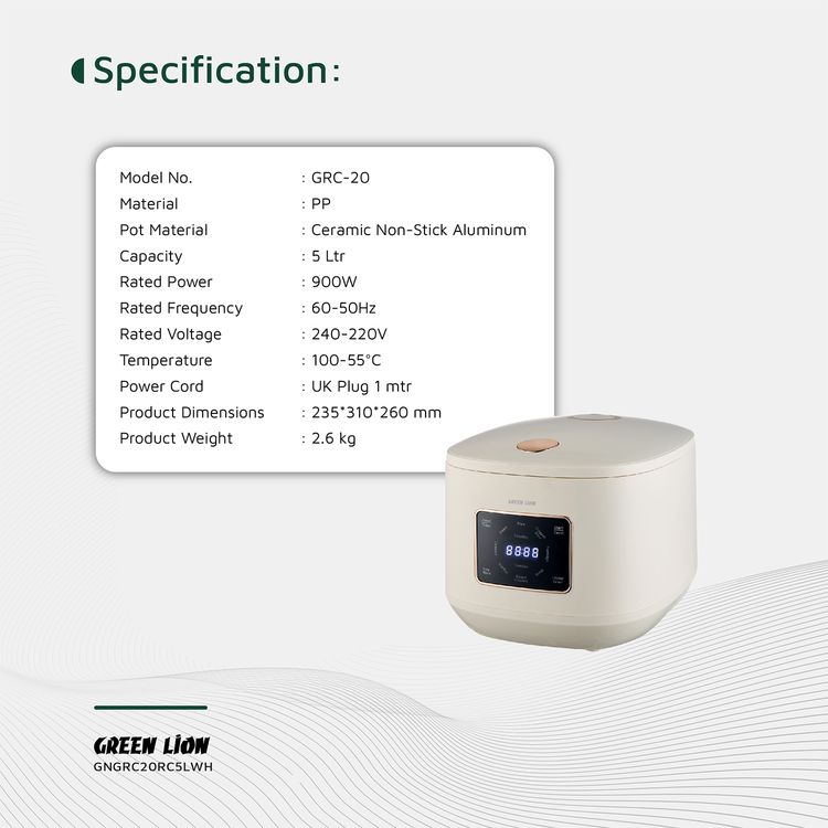Green Lion GRC-20 Digital Rice Cooker, Keep Warm Mode, Touch Control, Easy To Clean, Exhaust Vent, Preset Timer, 8 Cooking Modes : Dessert, Grain Rice,Soup, Porridge, Baked Chicken, Claypot Rice, Hot Pot, RiceSteam - White 