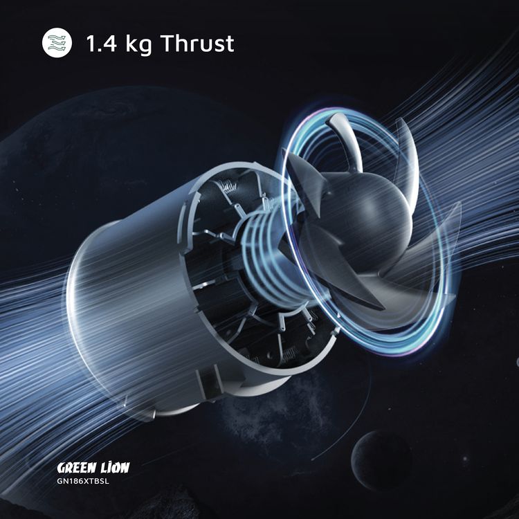 منفاخ توربو GB-186X من Green Lion بسعة بطارية 4000 مللي أمبير في الساعة، ومدة شحن 2.5 ساعة، ومدة عمل من 6 إلى 80 دقيقة، ومنفذ شحن تيار مستمر، ومادة طلاء ABS والسيليكون والمعادن - فضي
