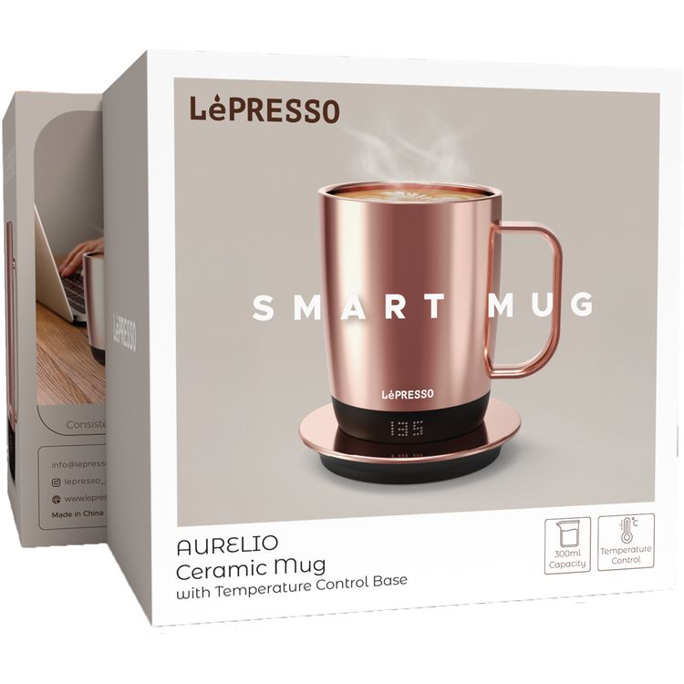 LePresso AURELIO Ceramic Mug with Temperature Control Base,  IPX7 Waterproof Grade, Type-C Charging Port, Stainless Steel 304 + PC + Ceramic Material, 300mL Capacity - Rose Gold