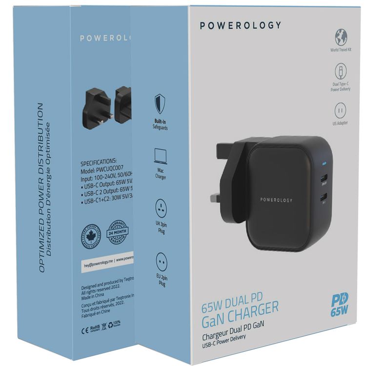 Powerology 65W Dual PD GaN Charger with Built-in US Adapter, 30W USB-C1/2 Sharing Output, UK 3-Pin & EU 2-Pin Plugs, MacBook Charging Compatibility - Black