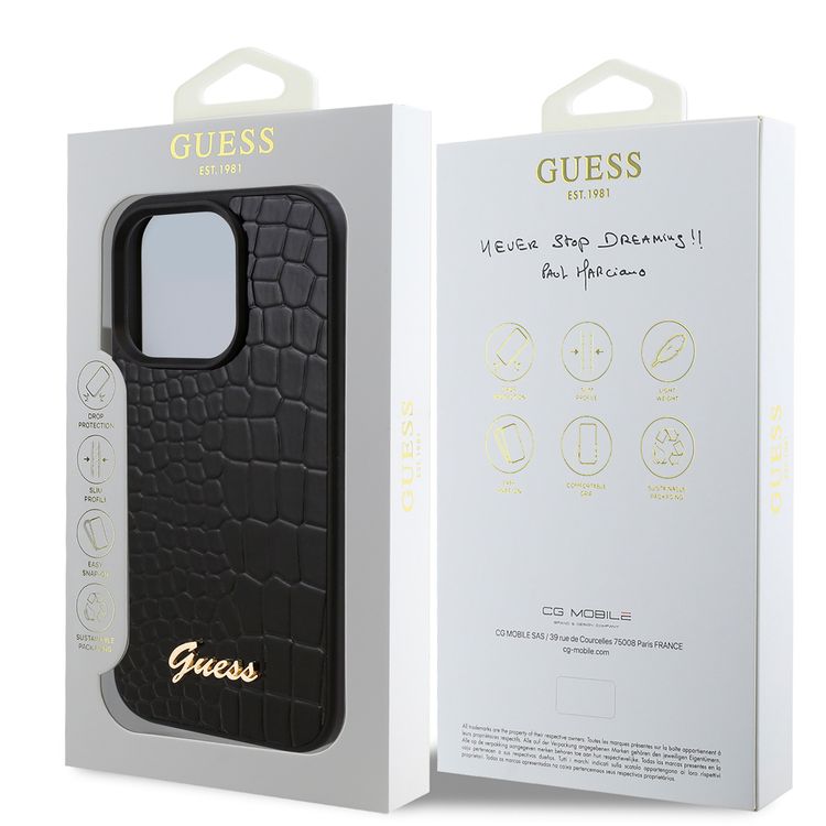 Guess PU Croco Hard Case with Script Logo for iPhone 16 Pro, Lightweight, High-Quality Material, Easy Snap-on - Black 