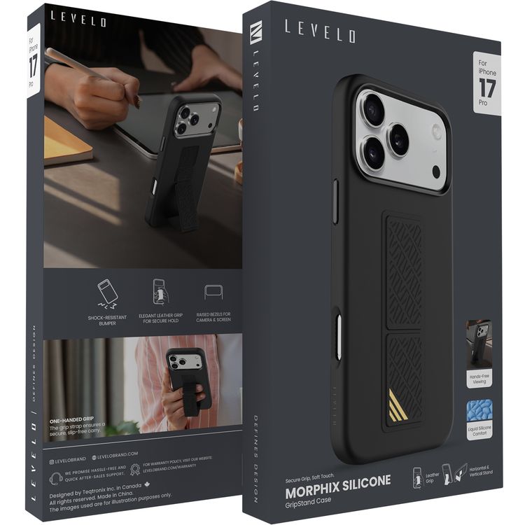 حافظة ليفيلو مورفيكس سيليكون غريب ستاند لهاتف آيفون 17 برو، مشاهدة بدون استخدام اليدين، بطانة داخلية من الألياف الدقيقة الحقيقية، حامل أفقي وعمودي، ممتص الصدمات، حواف مرتفعة للكاميرا والشاشة، تصميم نحيف - أسود.