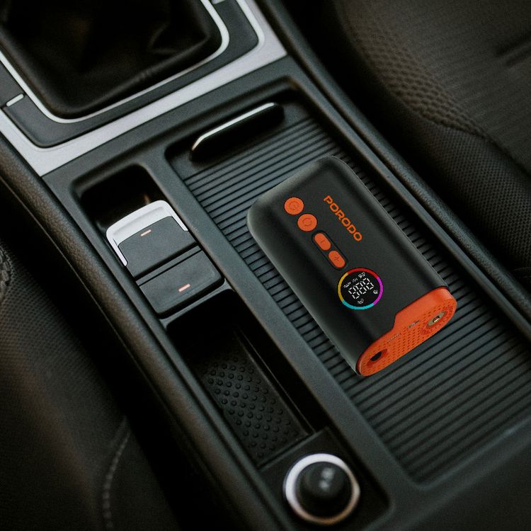 Porodo Electric Air Inflator with 150PSI High-Pressure Power, 4 Inflation Mode, 30cm Cable Length, USB-C Charging Cable, Up to 5 Hours Charging Time, Detects Air Pressure - Black