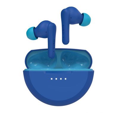 سماعات Belkin Audio True Wireless للأطفال Soundform، حماية السمع، مضادة للبكتيريا، محدد حجم الصوت، مدى تشغيل لاسلكي 30 قدم، 10 دقائق شحن سريع، تحكم باللمس - باللون الأزرق