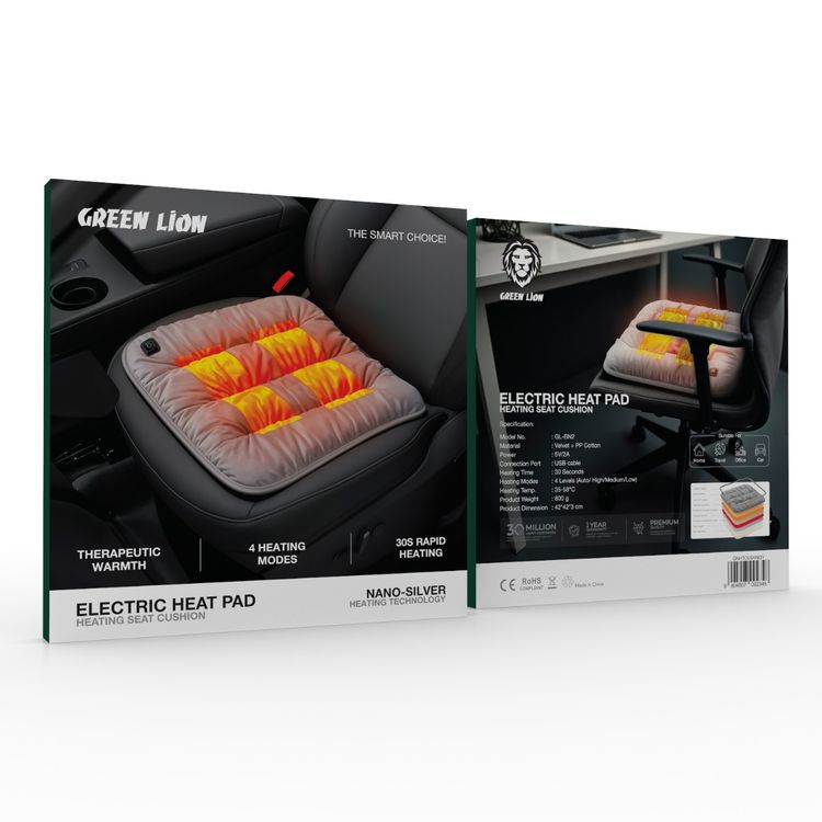 Green Lion Electric Heat Pad with Nano-Silver Heating Technology, Breathable Fabric, Even Heat Distribution, 4 Heating Levels, High-Density Foam, 30 Seconds Heating Time - Gray