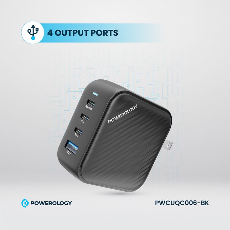 Powerology 100W Triple PD GaN Charger with EU & UK Plug, 3 USB-C Ports & USB-A Port, Built-in Safeguard, Multi Device Charging, Fast Charge, Laptop Charger - Black