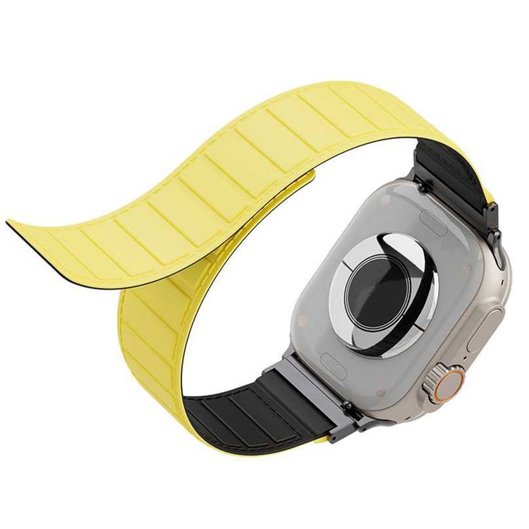 Levelo Vogue Silicone Watch Strap with Magnet for Apple Watch 49/45/22mm, Hypoallergenic Material, Compatible with SE, Series 8, 7, 6, 5 & 4, 360° Rotating Interface, Lightweight & Flexible Fit - Black / Yellow