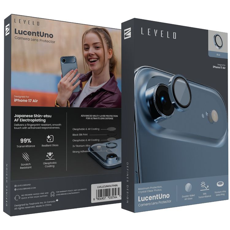 واقي عدسة الكاميرا Levelo LucentUno بنسبة نفاذية 99% لهاتف iPhone 17 Air، مضاد لبصمات الأصابع، مقاوم للخدوش، زجاج AR مزدوج الجوانب، طلاء طارد للزيت، حماية متعددة الطبقات، لاصق قوي - أزرق
