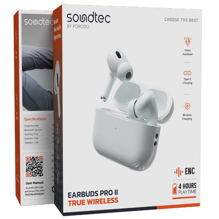 Porodo Soundtec ENC Earbuds Pro II True Wireless with 4 Hours Working Time, Wireless Charging Compatibility, 10m Transmission Distance, 30 Hours Earbuds Standby Time - White