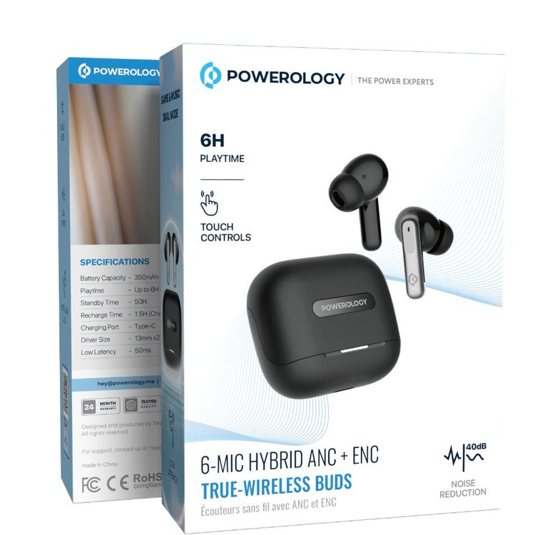 Powerology Hybrid True Wireless Earbuds with ANC + ENC, 6 Microphone, Bluetooth Version 5.3 & Type-C Charging Port - Black 