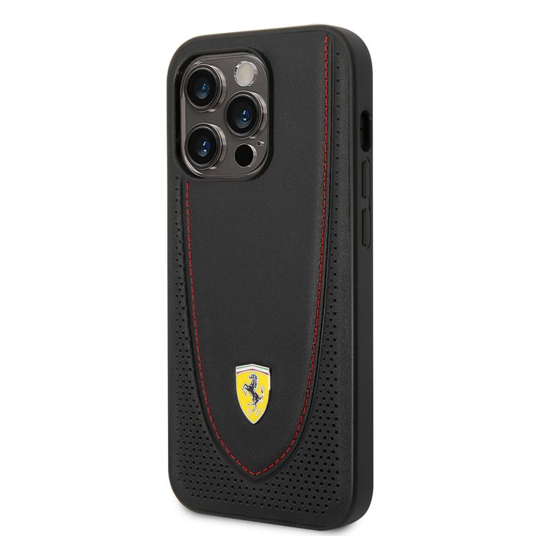 CG Ferrari Magsafe Compatibility Genuine Leather Hard Case with Curved Line Stitched iPhone 14 Pro Compatibility - Black
