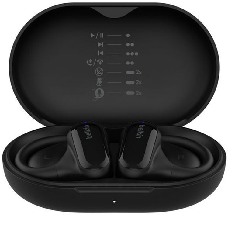 إيربودز بلكين الصوتية اللاسلكية بتصميم مفتوح، تقنية جودة المكالمات الواضحة، تصميم Sound Form Clear Fit، 8 ساعات من وقت التشغيل المتواصل - أسود