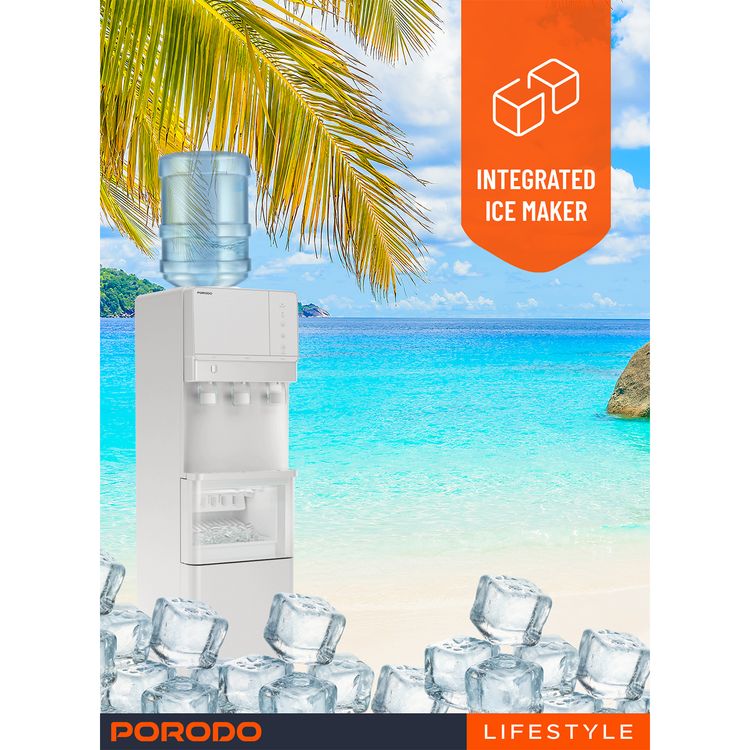 Porodo Lifestyle Water Dispenser & Ice Maker with 5°C - 10°C Cold Water Temperature, Child Safety Lock, Energy Efficient, Top Load Design, 9 Pieces of Ice per Cycle - Silver