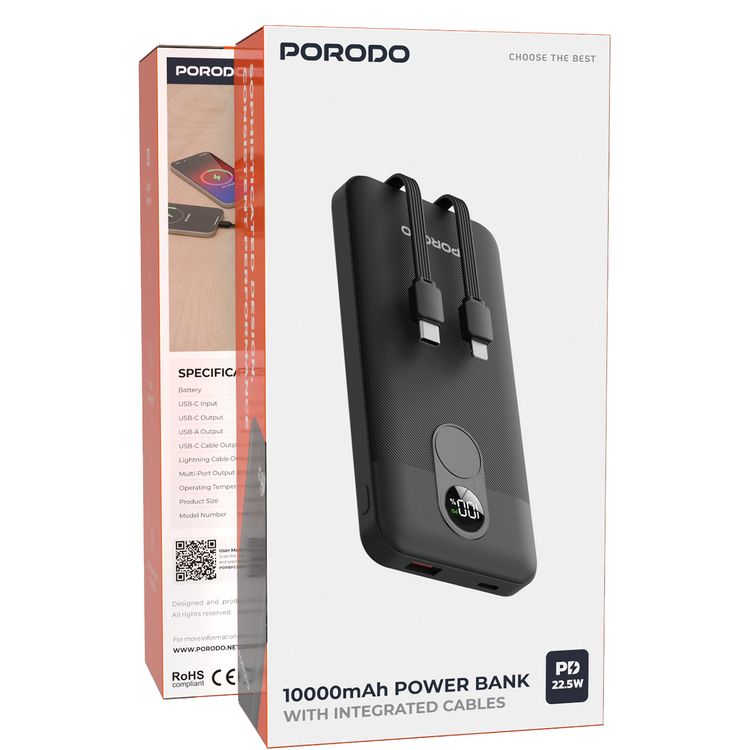Porodo 10000mAh Power Bank with Built-in Type-C & Lightning Cables, 22.5W Power Delivery, Simultaneous Charging, 0%-60% Charge in 35 Minutes, Digital Display - Black