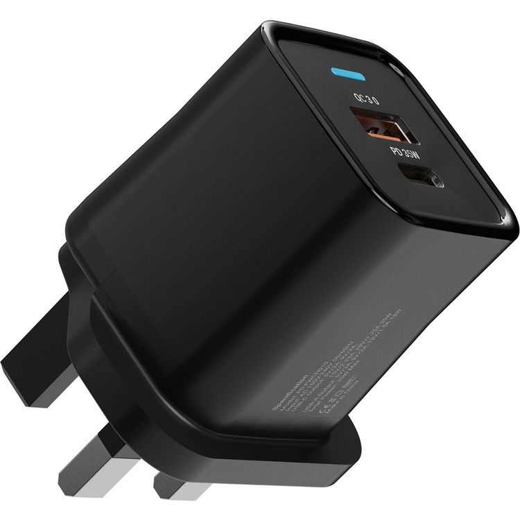 Porodo Dual Port PD Charger with Type-C to Type-C Cable, Fast Charging USB-C & USB-A Outputs, 35W Power Delivery, 18W USB-A Output, Overheat Protection, UK 3-Pin Plug - Black