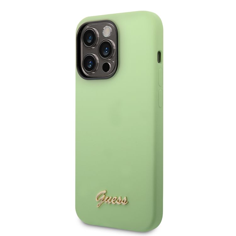Guess Liquid Silicone Case With PC Camera Outline & Script Metal Logo - iPhone 14 Pro - Green