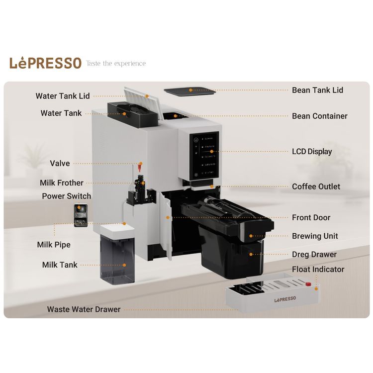 LePresso Automatic Coffee Machine with Mobile Application, 1200mL Water Tank & 300mL Milk Tank Capacity, 1480W Rated Power, Adjustable Grinder, Dual-Boiler, 4.3" Digital Display - White