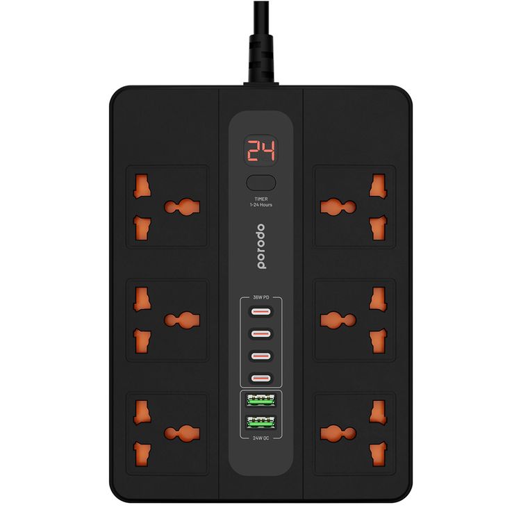 Porodo Multi-Port Super HUB Ultimate Home & Office Kit with 4 USB-C & 2 USB-A, 3m Cable Length, Universal Sockets, Built-in Safeguard, Over-Heat Protection - Black