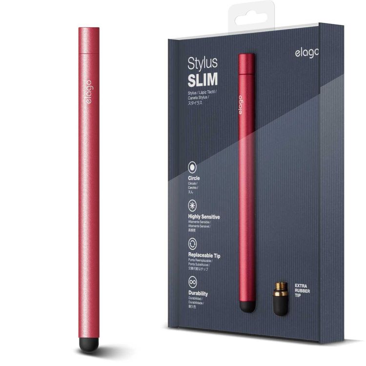 Elago Slim Stylus Pen, Completable With iOS & Android Series, Soft touch pen-point for better screen-protection, Extra Rubber Tip included, Hot Pink