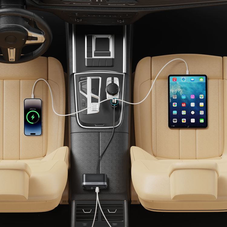 Powerology Currnex 60W Multi-Port Car Charger with 12V Socket, Dual Retractable Cables, Durable Aluminum Alloy, High-Speed Charging, Voltage Display, PD 30W, QC 30W, LED Ambient Light, Multi-Device Charging - Black