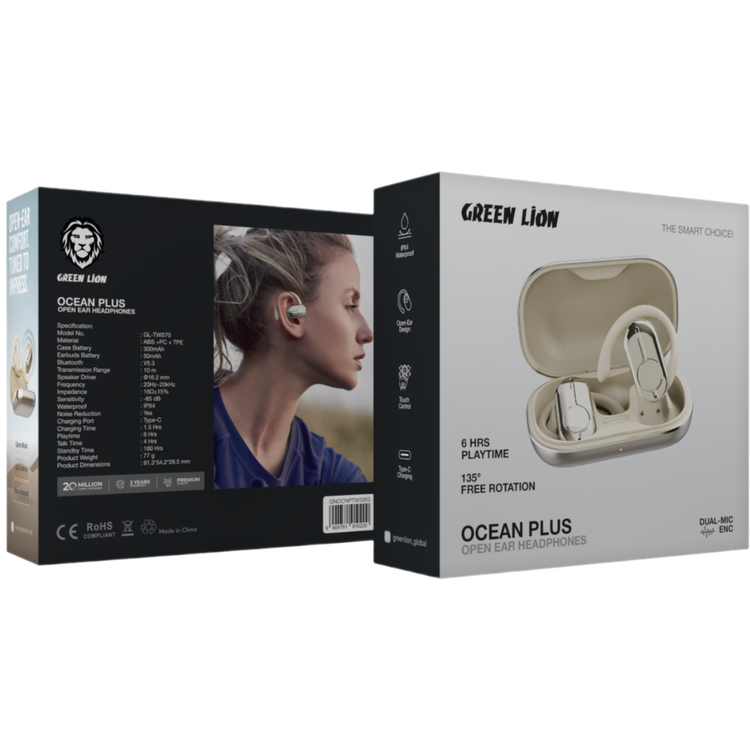 سماعات أذن Green Lion Ocean Plus مفتوحة مع ميكروفون مزدوج ENC، وقت تشغيل يصل إلى 6 ساعات، دوران حر 135 درجة، سعة بطارية علبة شحن 300 مللي أمبير/ساعة، وضع اللعب، زمن انتقال منخفض، وقت استعداد 180 ساعة، مقاومة للماء IPX4 - بيج