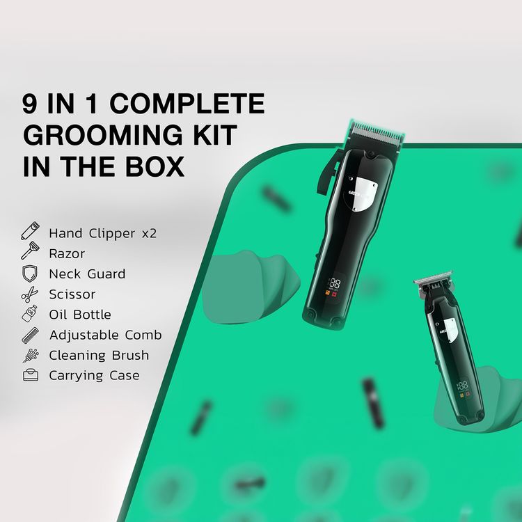 Green Lion Pro Trim Duo Hair Clipper 9-in-1 Package with Carrying Case, Digital Display, Taper Lever, Corded & Cordless - Black