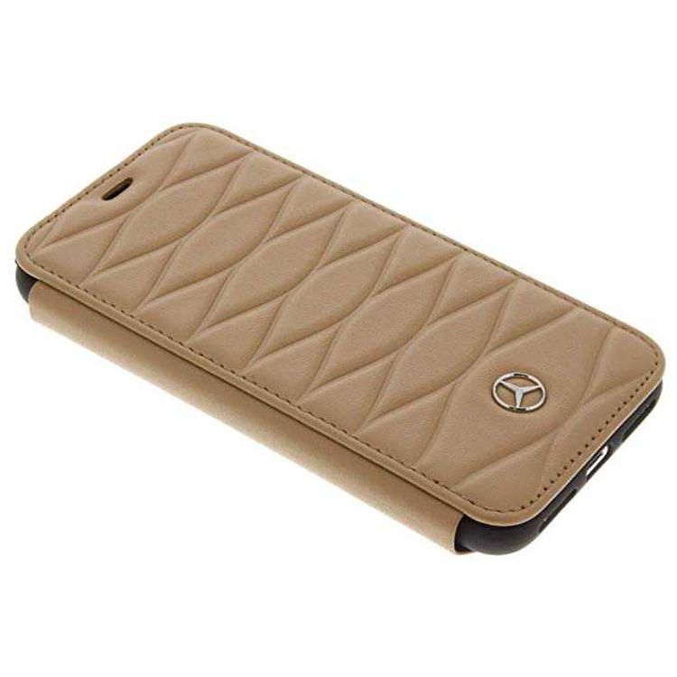 CG MOBILE Mercedes-Benz Pattern III Genuine Leather BookType Phone Case Compatible for iPhone X Officially Licensed - Light Brown