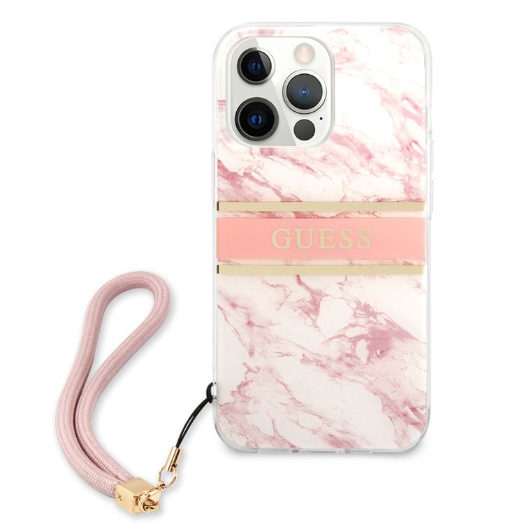 CG MOBILE Guess PC/TPU Case Marble Design & Stripe with Anti-Lost Nylon Strap for iPhone 13 Pro (6.1") Back Cover Suitable with Wireless Chargers Officially Licensed Pink