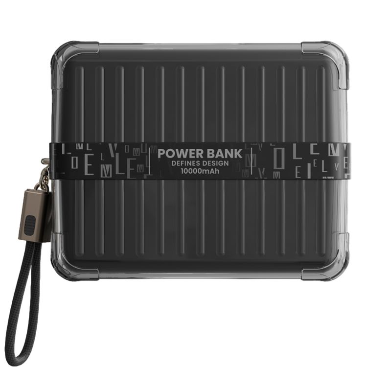 Levelo Aerion Portable 10000mAh Power Bank with Luggage Design, LED Display, Over Current Protection, Lithium-ion Battery, Grip Cable, Fast Charging Support - Black