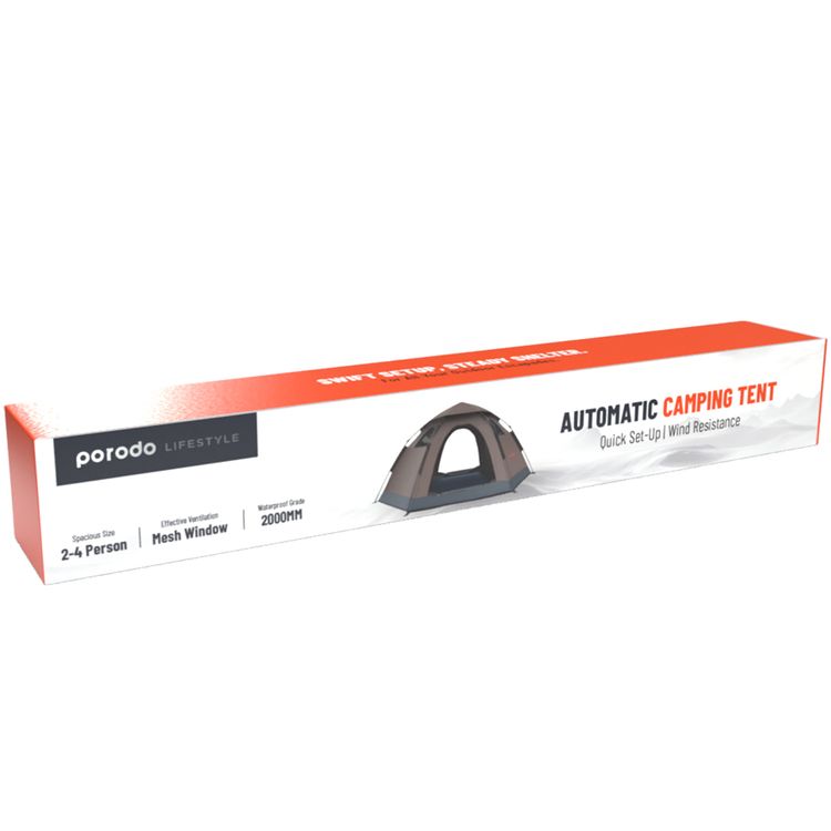 Porodo Lifestyle Automatic Camping Tent for Up to 4 People, Mesh Window, Water-Proof & Wind-Resistance, Quick & Easy Set-Up, Includes Ground Nails & Storage Bag - Brown
