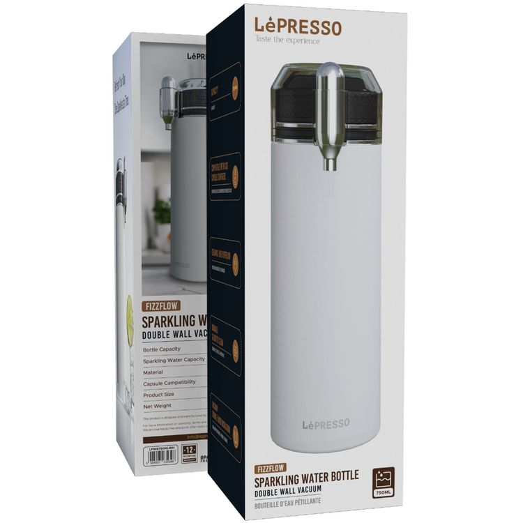 LePresso Sparkling Water Bottle with Double-Wall Vacuum, 750mL Bottle Capacity, 500mL Sparkling Water Capacity, Ceramic-Lined Interior, Durable & Easy-to-Clean - White