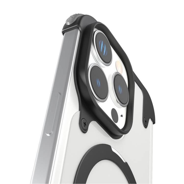 Levelo Metallo Aluminum Bumper Case for iPhone 16 Pro, MagSafe Compatible, Metal Kickstand, Impact Resistant Corners - Black 