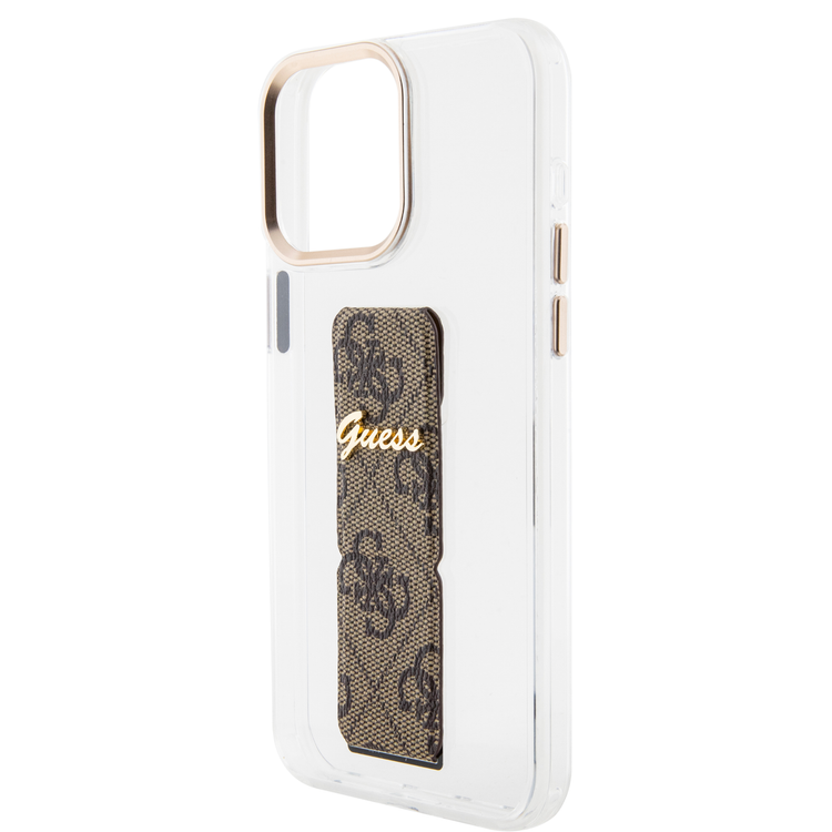 Guess Grip stand Clear Case with 4G Script Logo for iPhone 15 Series - Brown - iPhone 15 Pro Max