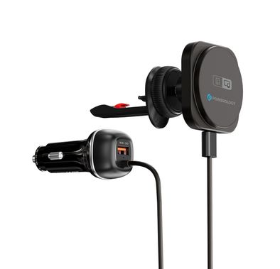 Powerology Nexara Smart Car Charger with Wireless CarPlay Support, 15W Wireless Output, 30W Power Delivery, 51W Total Output, Overload Protection - Black