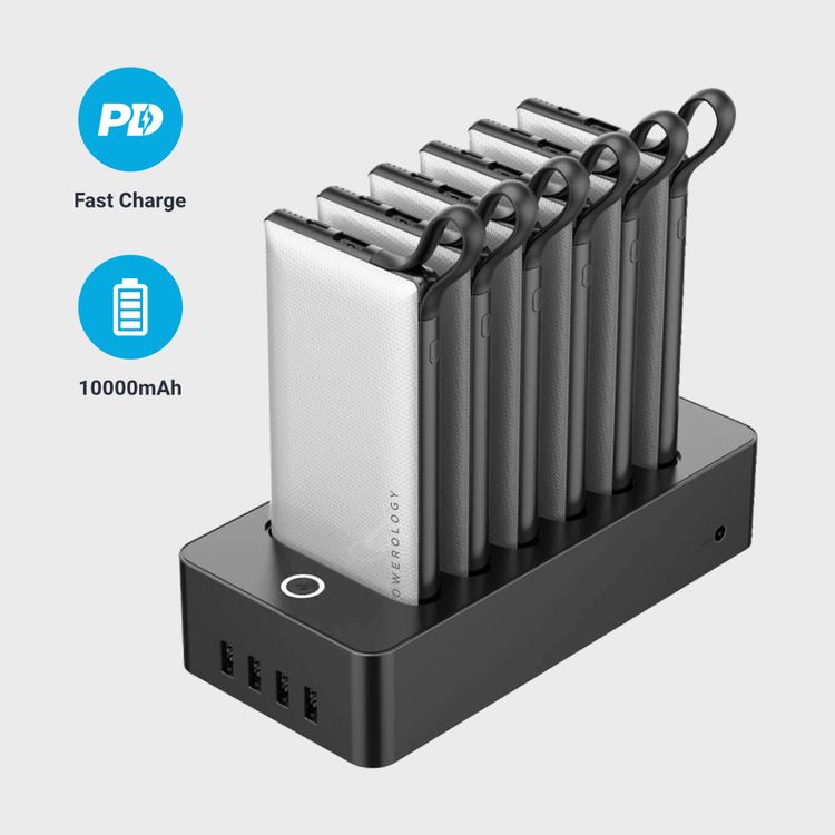 Powerology 6 in 1 Power Bank Station 10000mAh With Built-in Cable, Portable Power Bank, 1 Rapid Recharging Station, Type C Charging Ports - White