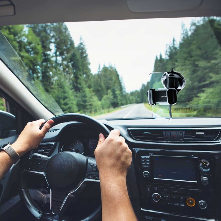 Porodo Universal Phone Mount with Adjustable Clamp, Strong Suction Base, 360° Rotation, Up to 6.5'' Devices Compatibility, One-Hand Operation, Vertical and Horizontal Phone Positioning - Black 