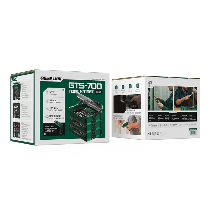 Green Lion GTS-700 Tool Kit Set with 213 Pieces, LED Working Light, 250 RPM No-Load Speed, Forward/Reverse Control, Adjustable Handle, Magnetic CR-V Bits, Stacking Storage Box, 90° Adjustable Handle, 1/4" Hex Chuck Quick-Release, Cordless Screwdriver & Tool Kit - Green