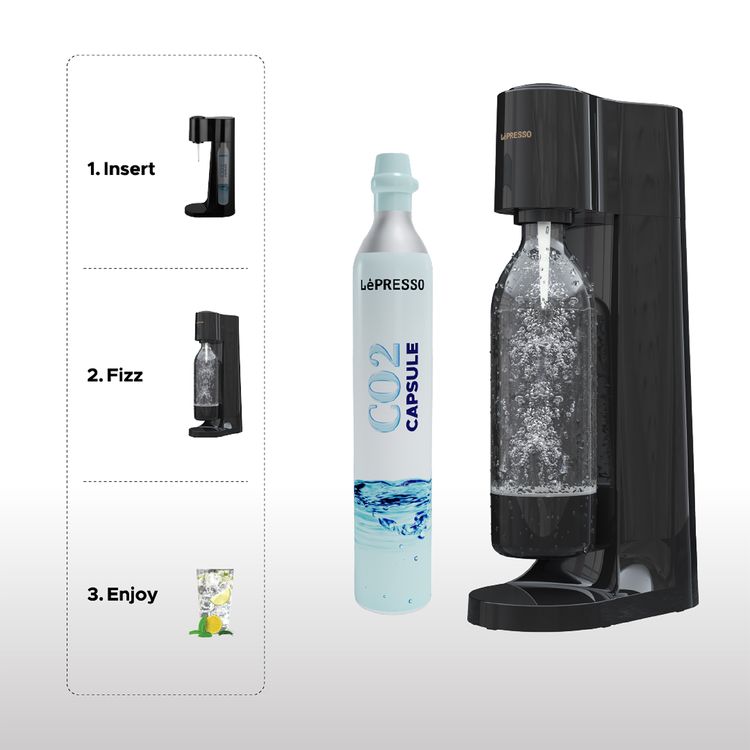  Lepresso Sparkling Water Maker and 4+1 x  CO2 Capsules Bundle, 1L Sparkling Water Maker Capacity, Adjustable Fizz Pressure, Efficient Carbonation, 0.6L Capsule Capacity, Carbonates up to 500 Cups of Beverages, Safe & Without Gas Leakage - Black / Silver