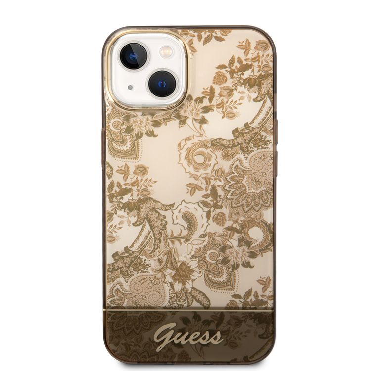 Guess PC/TPU IML Case With Double Layer Electroplated Camera Outline & Toile De Jouy - iPhone 14 Plus - Ochre