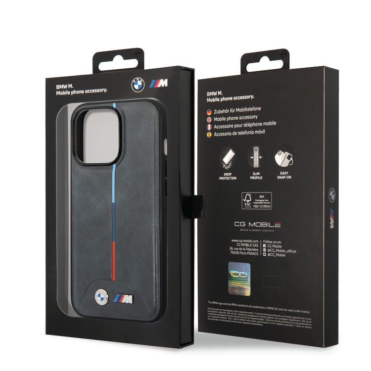 BMW M Collection Quilted PU Case with Hot Stamped Tricolor Stripe and Printed Logo iPhone 14 Pro Compatibility - Grey