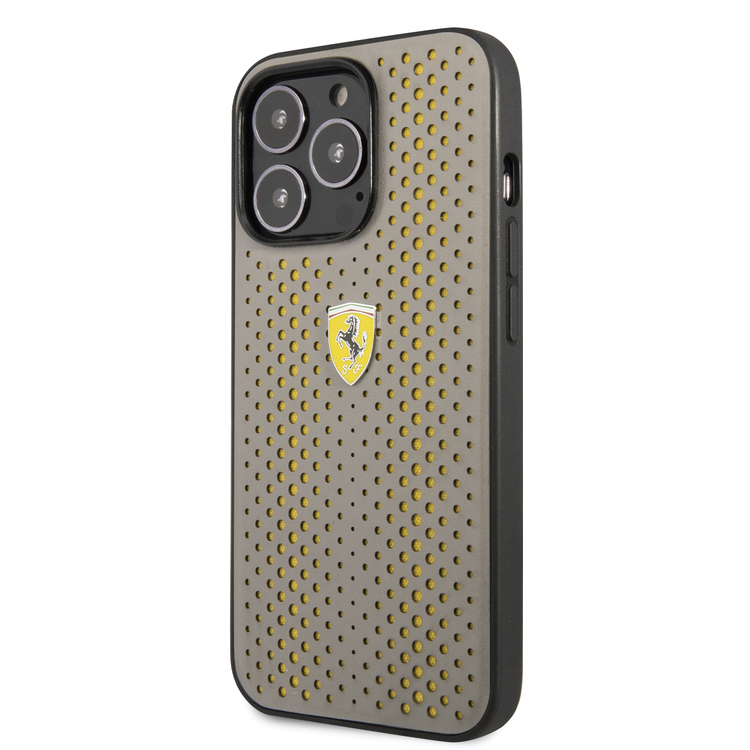 Ferrari PU Leather Perforated Case with Nylon Base & Yellow Shield Logo iPhone 14 Pro Max Compatibility - Yellow