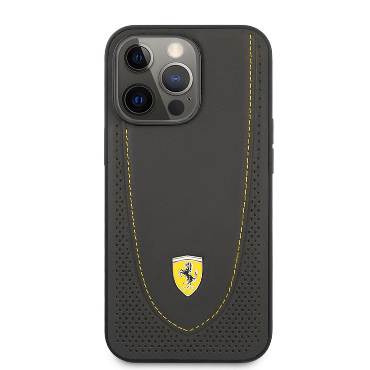 CG MOBILE Ferrari Genuine Leather Hard Case with Curved Line Stitched & Perforated Leather Compatible for iPhone 13 Pro Max (6.7") Shock & Scratches Resistant