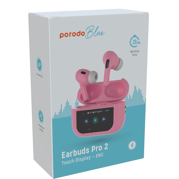 Porodo Blue AirPods Pro2 with Screen, Deep Bass, Touch Control, Camera Shutter, Music Playback, Call Management, 20 Hours Working Time, 1.47 inches Screen size - Pink
