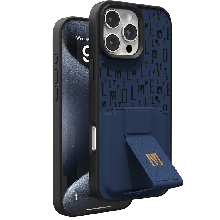 حافظة Levelo Morphix Gripstand مع حامل بطاقات لهاتف iPhone 16 Pro، حامل بطاقات مدمج، زوايا مقاومة للصدمات، ملمس نحيف بدون غطاء، حافة كاميرا مرتفعة، مادة فائقة المتانة - أزرق