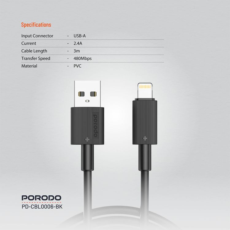 Porodo USB A to Lightning PVC Cable 3m, 480Mbps, 2.4A, more than 15000 Bends Life Span, Tangle Free - Black