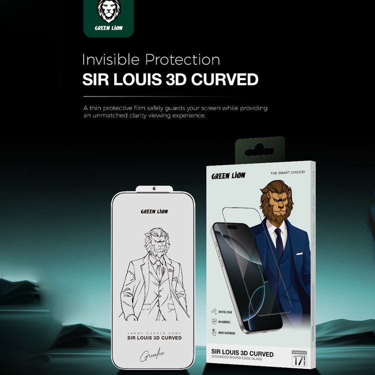 Green Lion Sir Louis 3D Curved Edge Glass for iPhone 17 Pro Max, Grease Resistance, Anti-Fingerprint, Air Bubble Prevention, Anti-Scratch, Crystal Clear, Highly Responsive - Clear