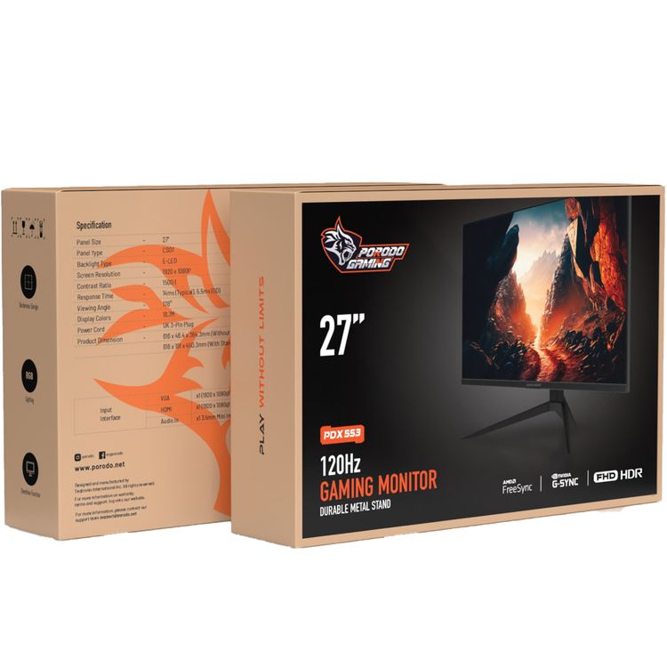 Porodo Gaming 27" FHD 120Hz Gaming Monitor, Borderless Design, 178° Viewing Angle, RGB Lighting, Overdrive Function, Durable Metal Stand, E-LED Backlight Type, 16.7M Display Colors - Black