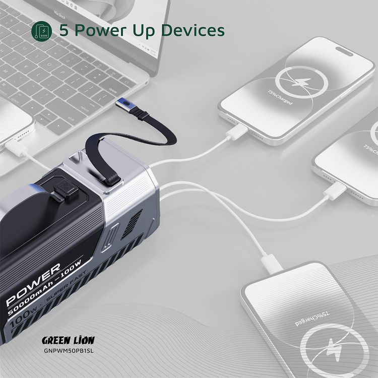 Green Lion Power Max 100W 50000mAh Power Bank with Built-in 1.5m Retractable Cable, 2× USB-A, 2× USB-C Ports, Digital Display, LED Flash Light - Silver