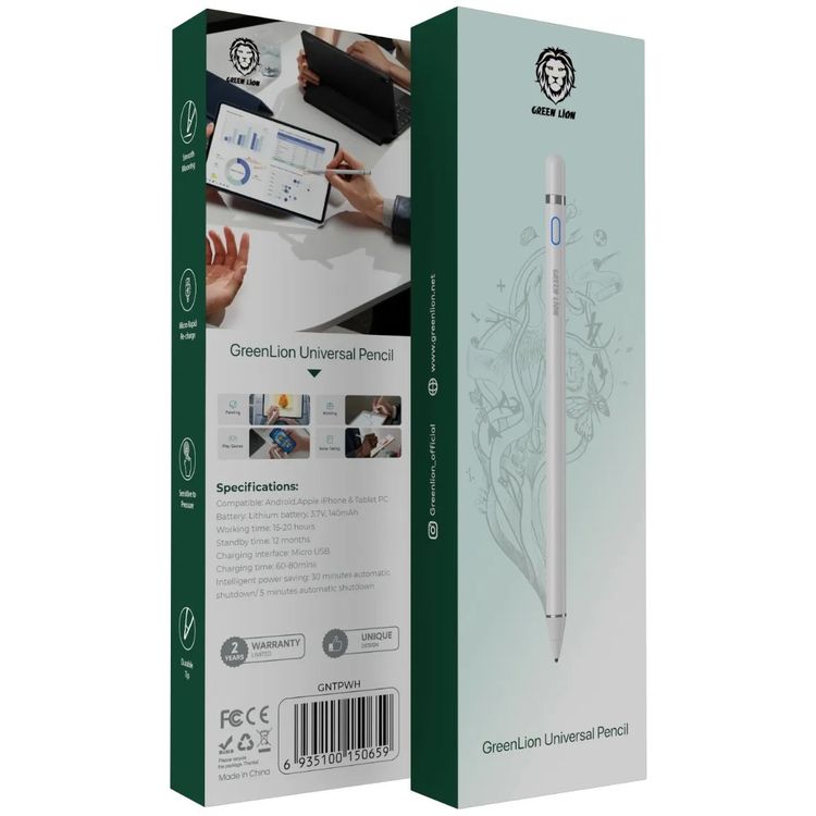 قلم اللمس بشاشة جرين ليون ببطارية سعة 100 مللي أمبير، متوافق مع شاشات اللمس لنظامي iOS/Android، مزود بمنفذ شحن ميكرو USB مدمج، سهل الاستخدام، مقاوم للخدوش بالمطاط - اللون الأبيض